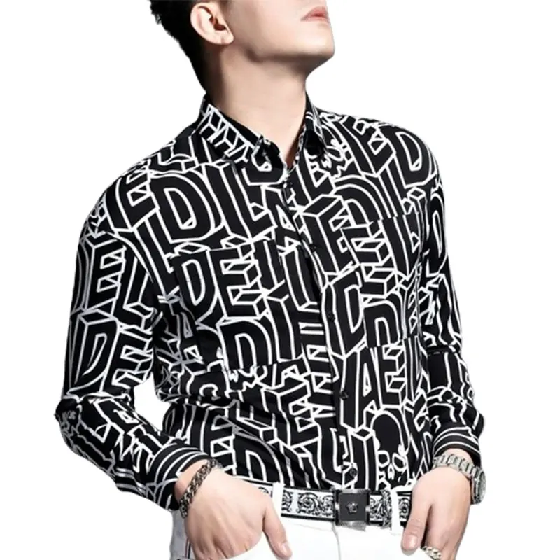 Elegant Fashion Harajuku Slim Fit Ropa Hombre Loose Casual All Match Outerwear Pointed Collar Printed Button Long Sleeve Blusa