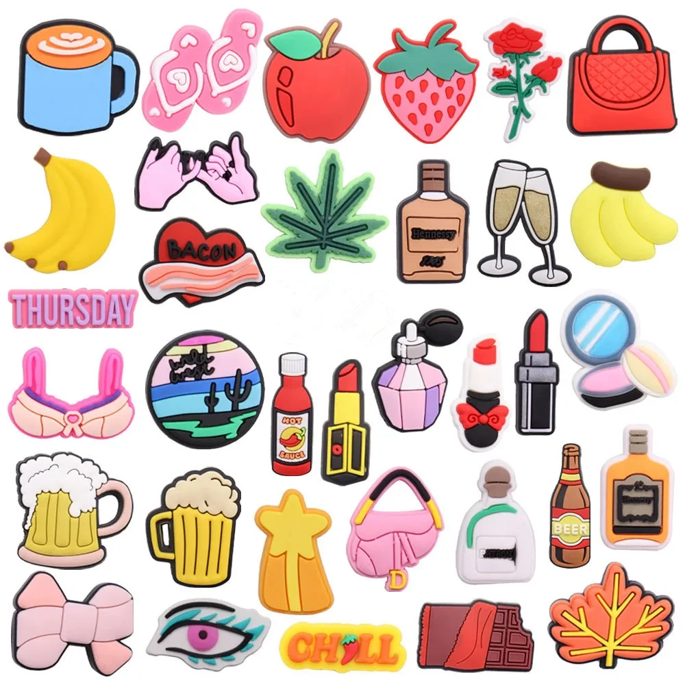 

1Pcs PVC Fruit Chocolate Rose Beer Bacon Slippers Shoe Buckle Charms for Boys Girls Accessories Fit Adult Party Gifts