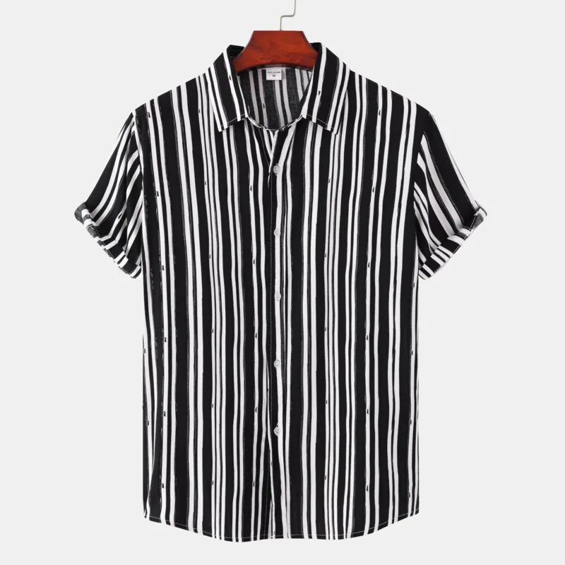 

2022summer Hawaiian Shirt For Mens Classic Black White Striped Lapel Single Breasted Short Sleeve Shirts Men Clothing