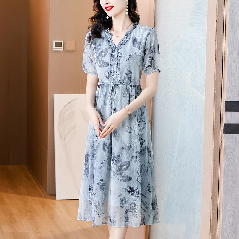 2025 여름 럭셔리 실크 꽃 캐주얼 미디 드레스 여성 빈티지 우아한 저녁 댄스 파티 드레스 봄 휴가 Boho Hepburn Vestidos