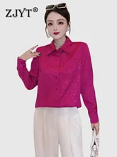 

ZJYT Elegant Lady Jacquard Letters Blouse Women High Quality Spring Long Sleeve Turn Down Collar Office Shirt Female Blusas Tops