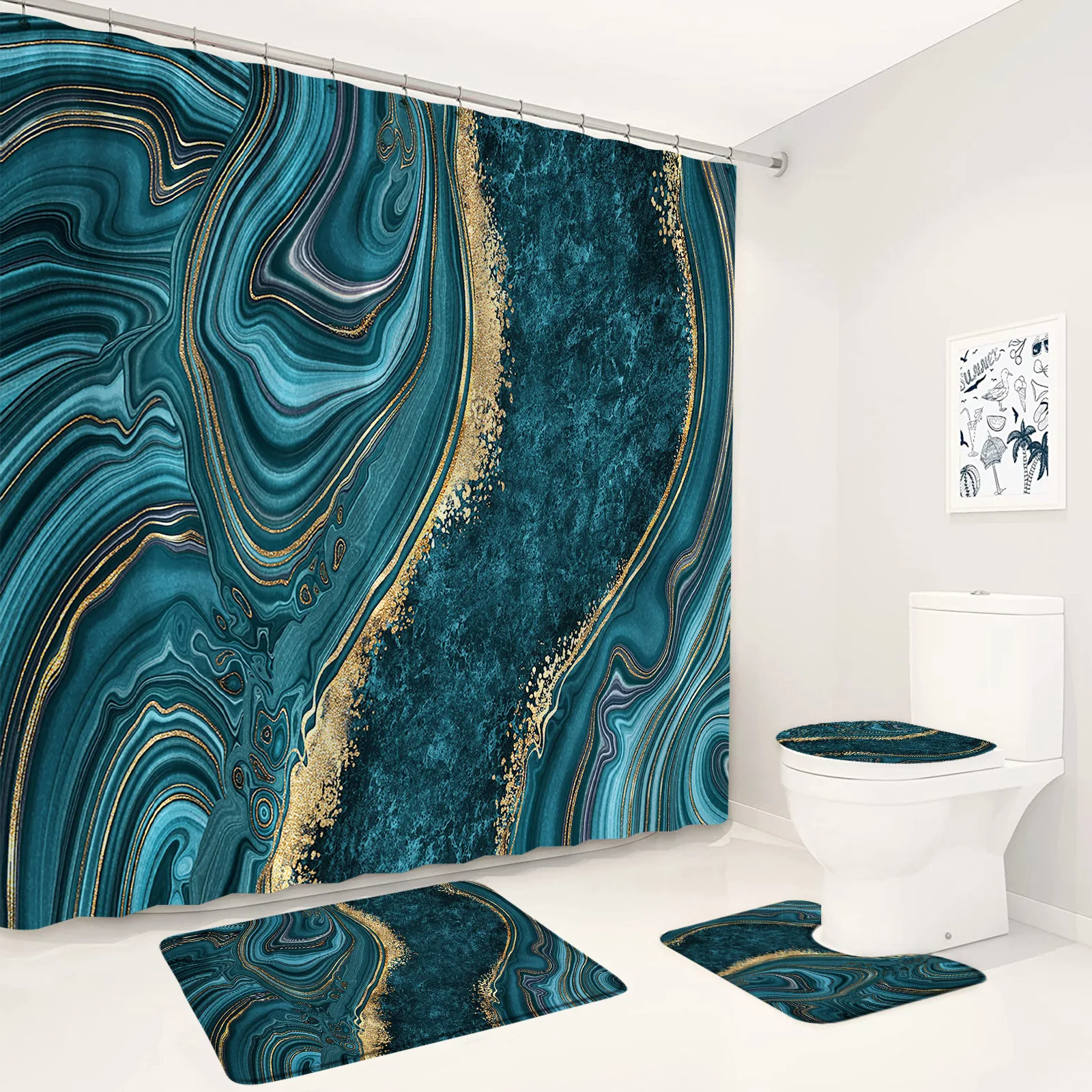 

4pcs set Marble Shower Curtains Water ripples Texture Phnom Penh Bath Decor Polyester Fabric Curtains Bathroom Accessories Sets