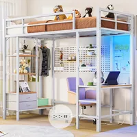 Metal Loft Bed Twin Size with Desk and Charging Station White Twin Loft Bed with LED Lights, 4Storage Shelves and2Fabric Drawers 1