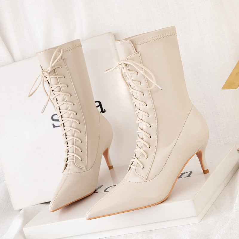 

Luxury Brand Women's Boots Fashion Lace-up Pointed Thin Heels Boots Female Elastic Boots Plus Size 43 Ankle Boots Ladies Shoes