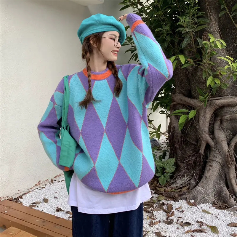 argyle sweater New Fashion Women Stitching Plaid Sweater Sweet Loose and Versatile Warm Knit Top for Women pink cardigan