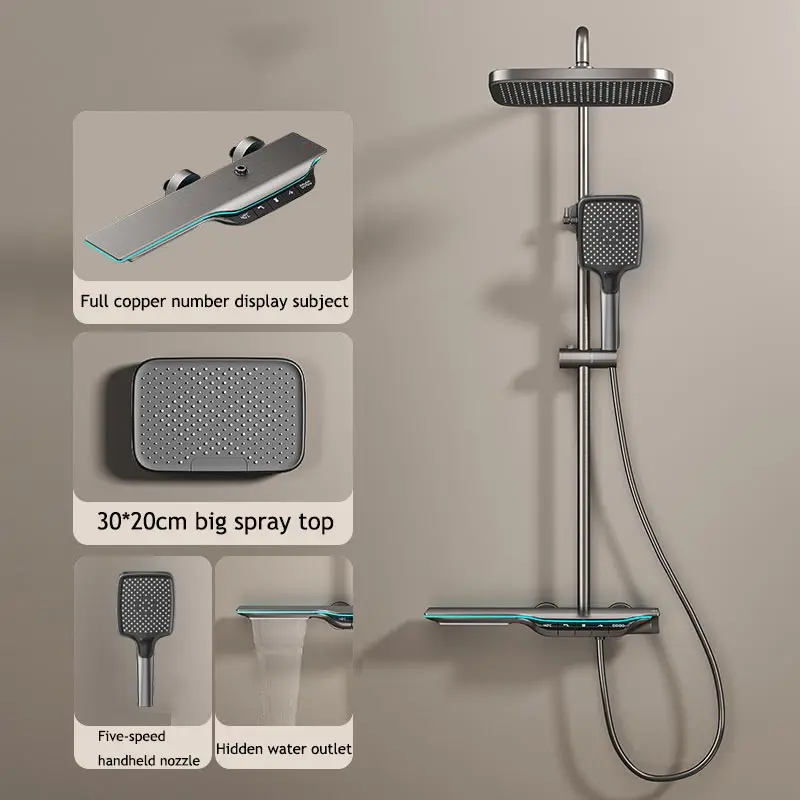Shower Set Bathroom Constant Temperature Digital Display Atmosphere Light Booster Shower Head Supports