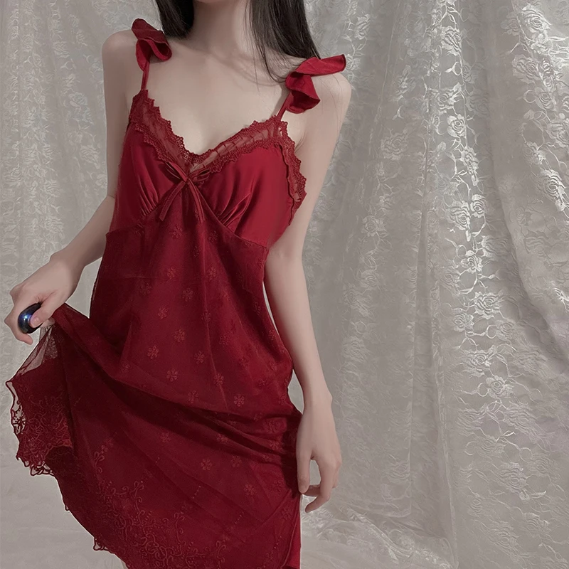 Sexy Mousse 2023 New Women Nightgown Lotus Leaf Pajamas Lace Perspective Temptation Suspenders Nightdress Home Clothes Suit
