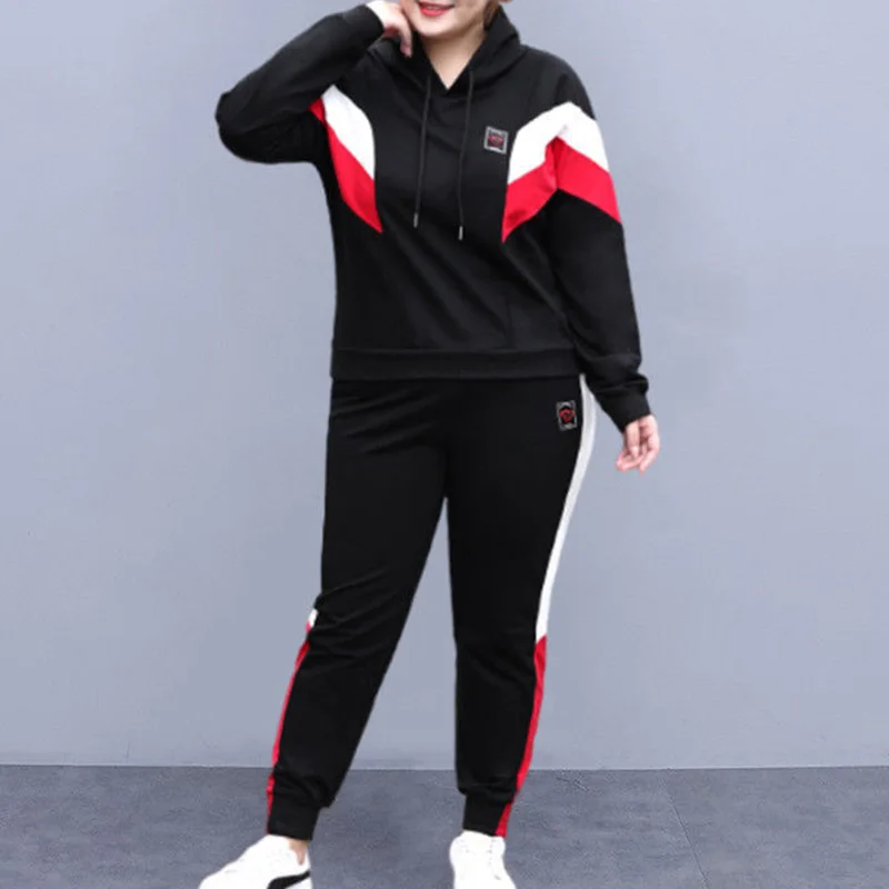 Plus Size Fashion Hooded Contrast Color Drawstring Long Sleeve Top Elastic Waist Label Loose Pants Casual Sports Two Pieces Sets