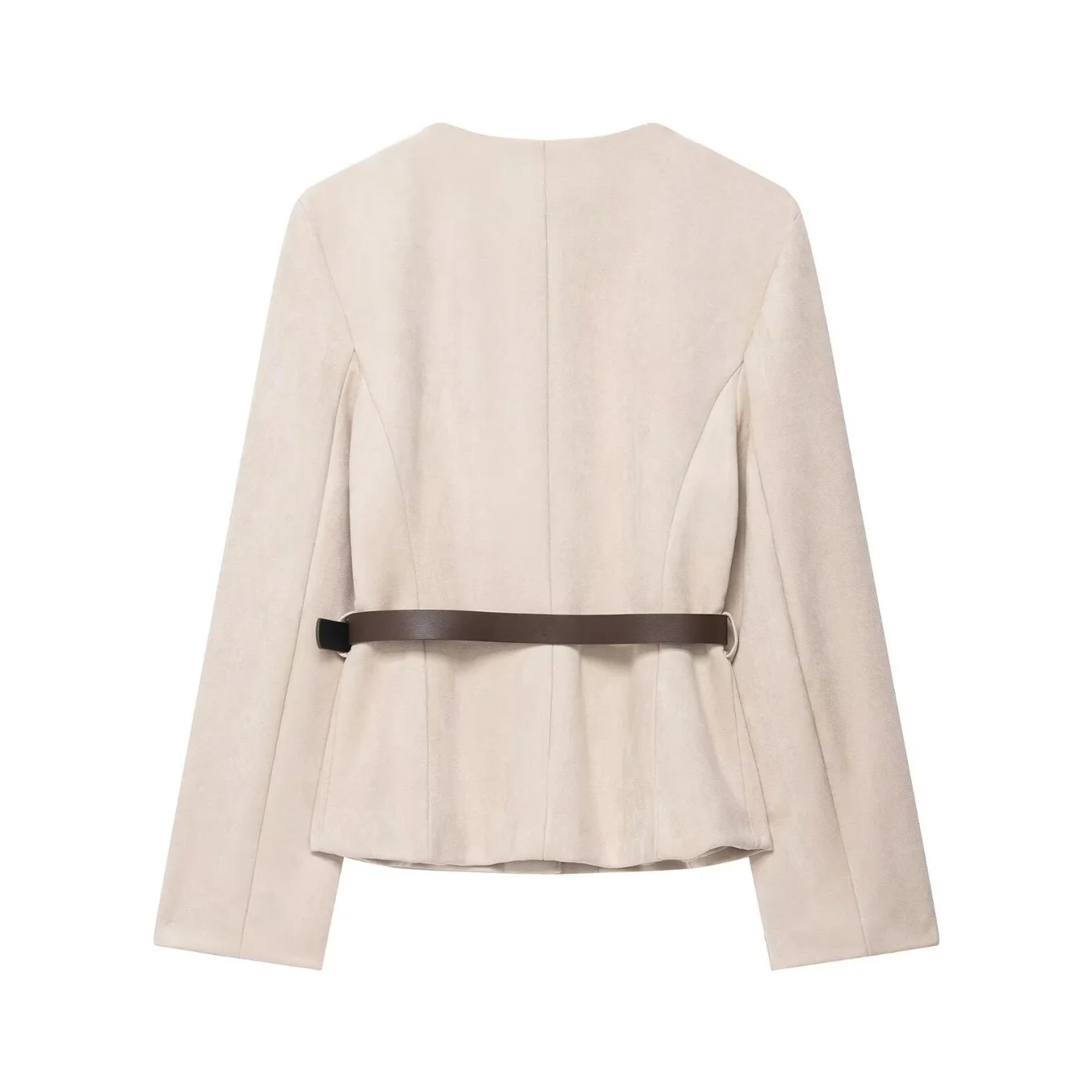 Women Spring Suede Short Jacket Coat Female O-Neck Pocket Decoration Long Sleeve With Belt High Street Elegant Commuter Coat