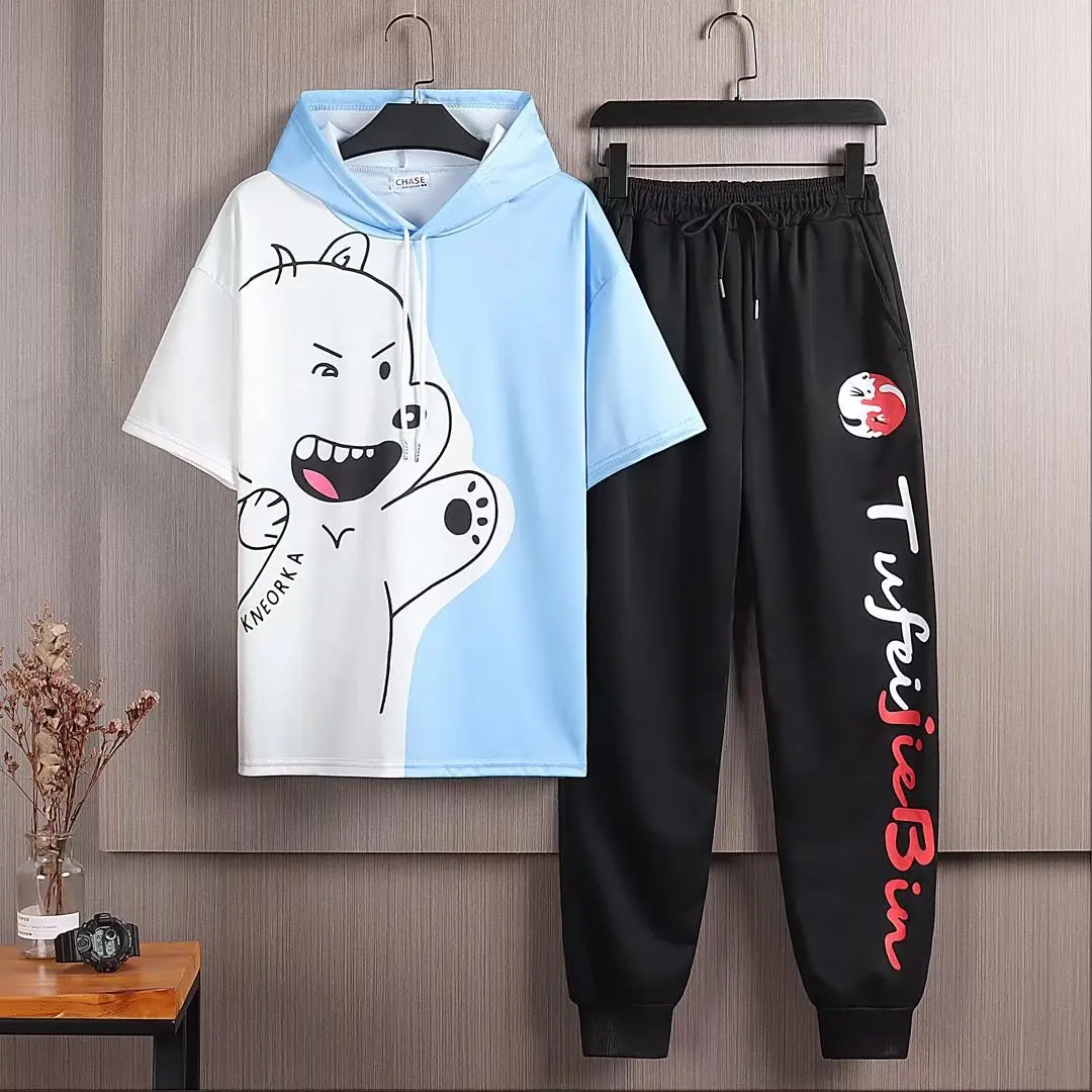

Summer Men's Sets Korean Fashion Men Joggers Set Hooded Short T Shirts+Print Trousers Casual Men Clothing Tracksuit 2 Piece Sets