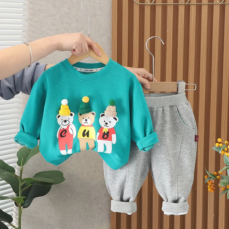 Spring Children's suit new children's sports leisure hooded set boy and girl baby black cartoon pocket bear sweater splicing set kids clothing set,girls clothing set,kids sports suit,boys clothing set,children sports suit,kids sweatshirt set