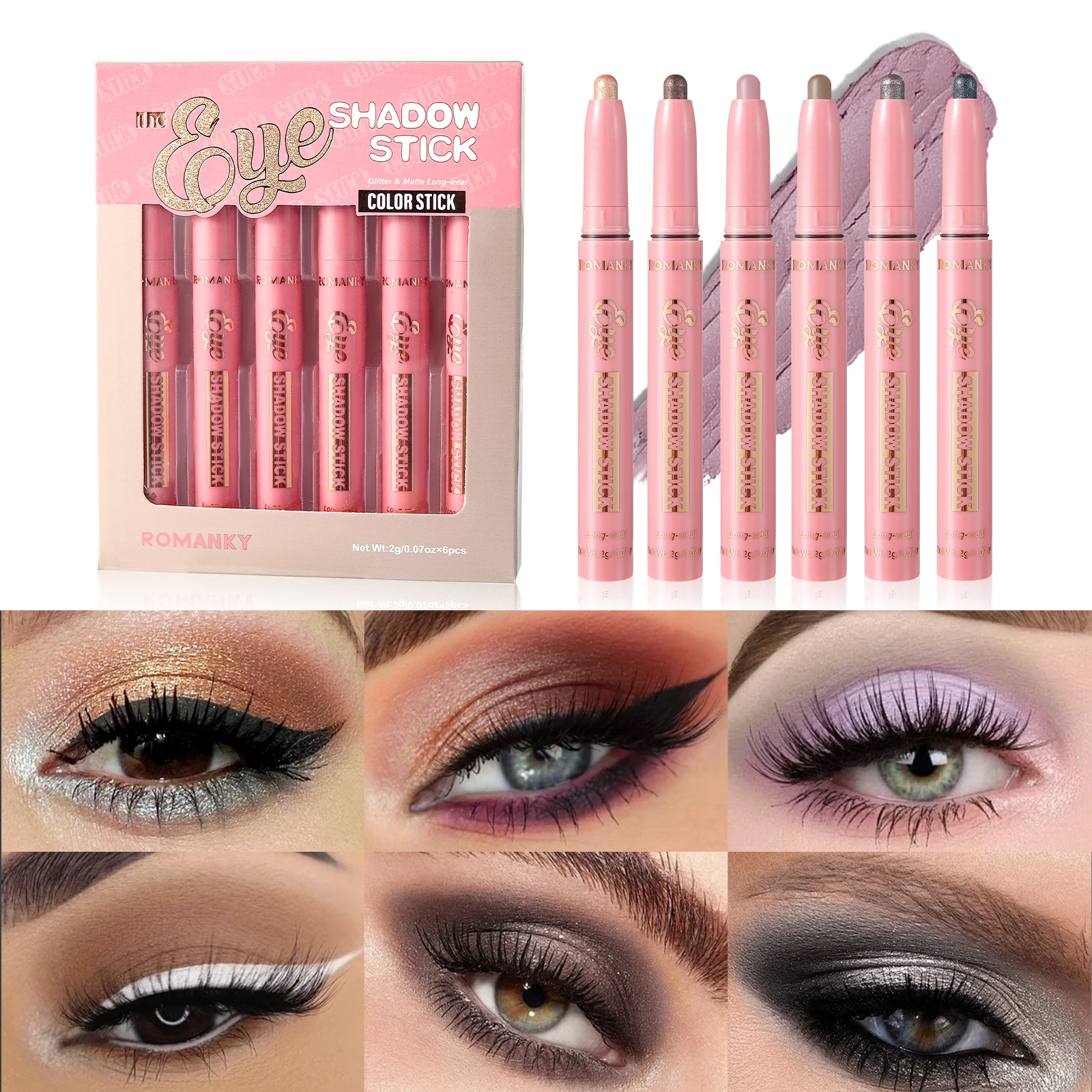 6Pcs Set Matte Effect Eyeshadow Stick   Natural and long-lasting Multi-purpose Shiny Metallic Matte Shimmer Highlighting Eyeline 3