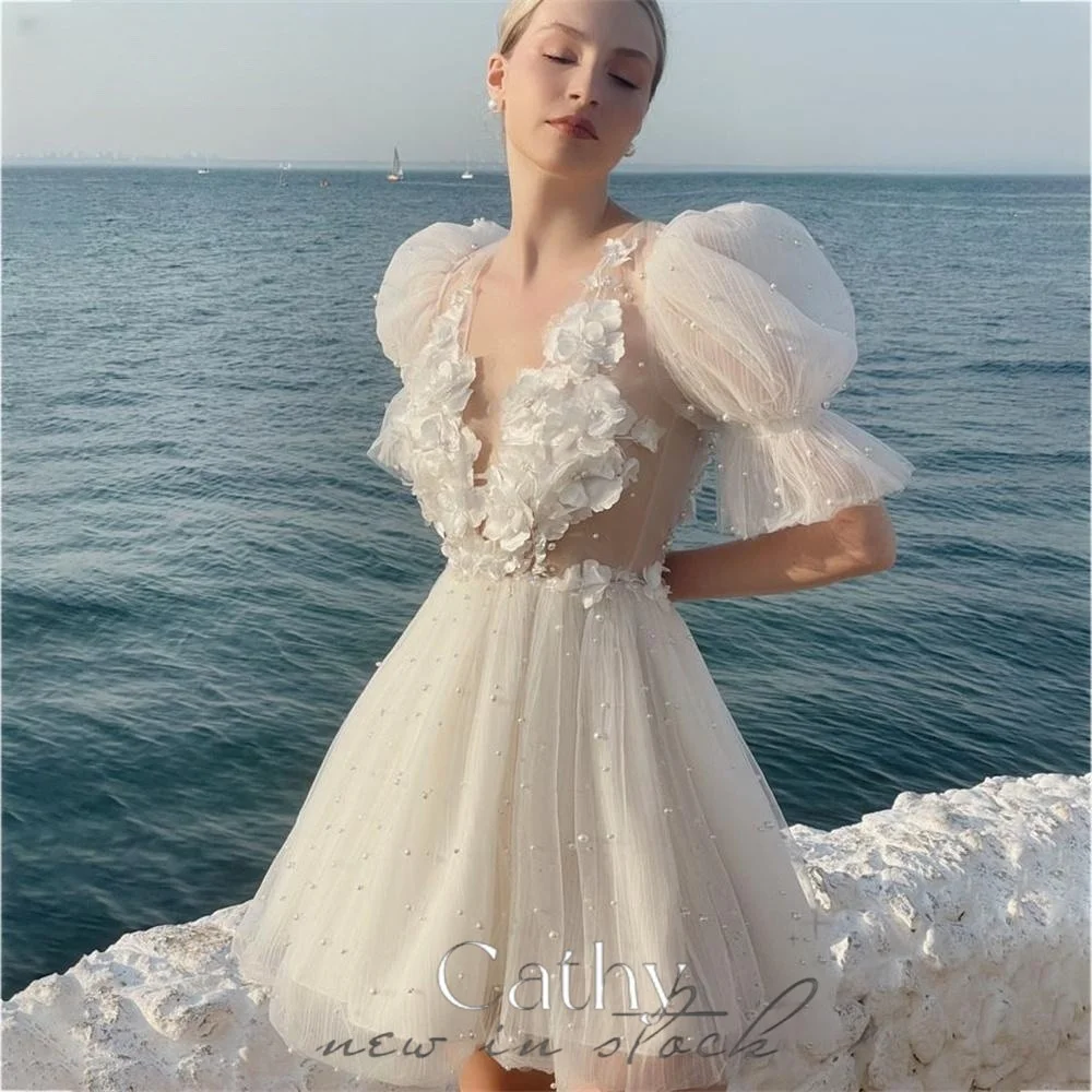

Cathy Ivory Pearl Short Prom Dress 2023 Princess Puffy Sleeve Mini Vestidos De Noche Sweet 3D Flower Embroidery فساتين السهرة