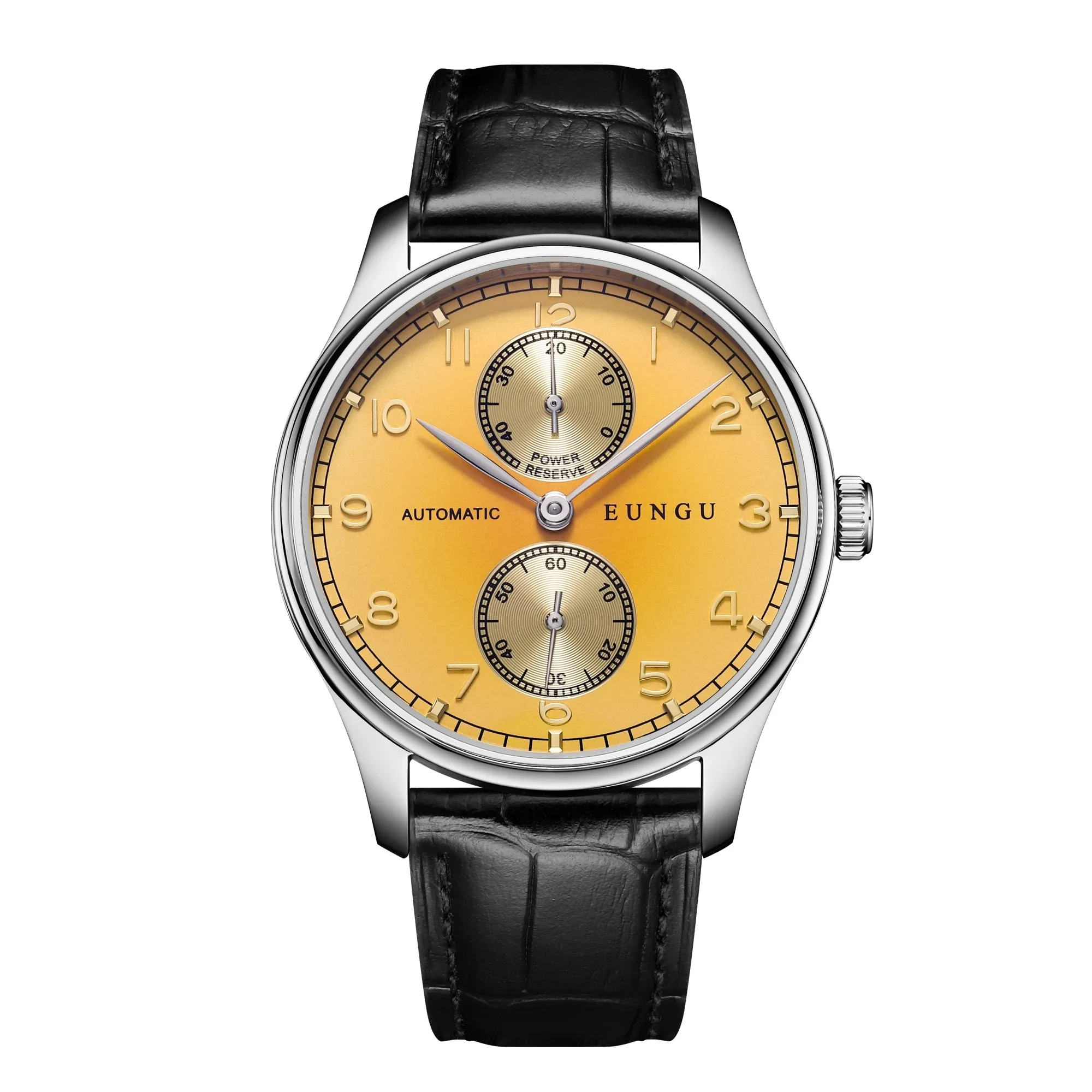 

New Parnis 43mm Case Automatic Men's Watch Leather Strap Yellow Dial Power Reserve Mechanical Men Watches relogios masculinos