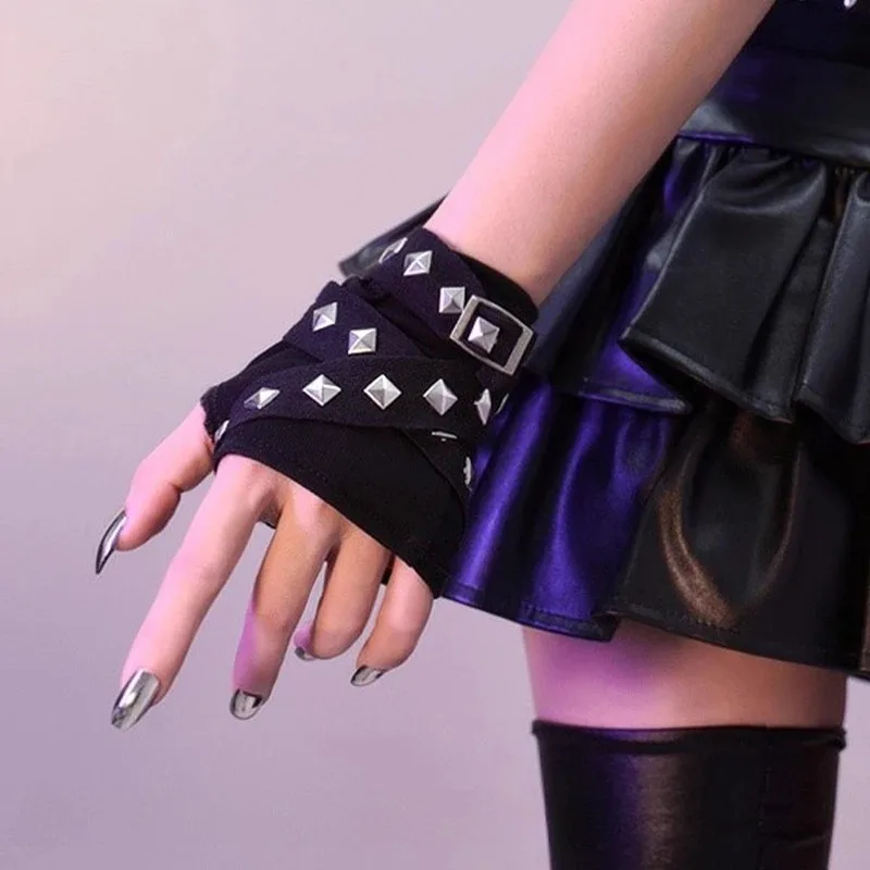 Harajuku Y2k Women Black Punk Rivet Streetwear Gloves Cool Rope Cross Fingerless Gloves Punk Gothic Short Arm Warmer Outdoors