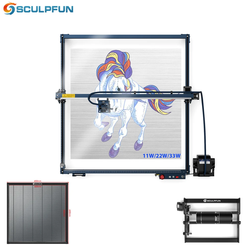 

SCULPFUN S30 Ultra 11W 22W 33W Laser Engraver Machine 600x600mm Working Cutting Engraving Area With Automatic Air Assist Roller