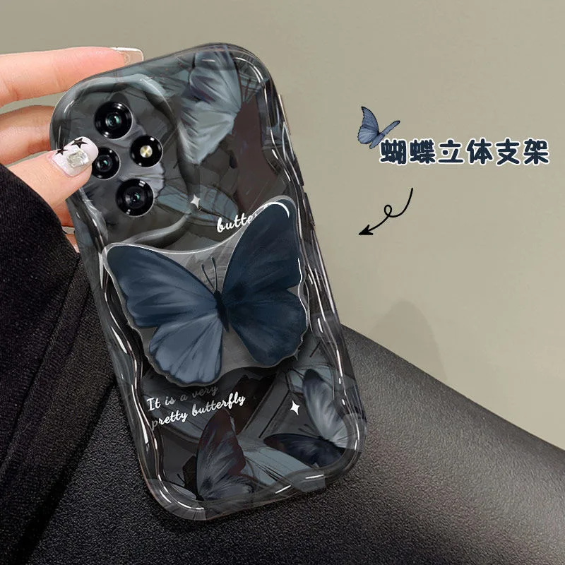 Elegant Black Butterfly Grip Tok Holder Wave TPU Soft Phone Case