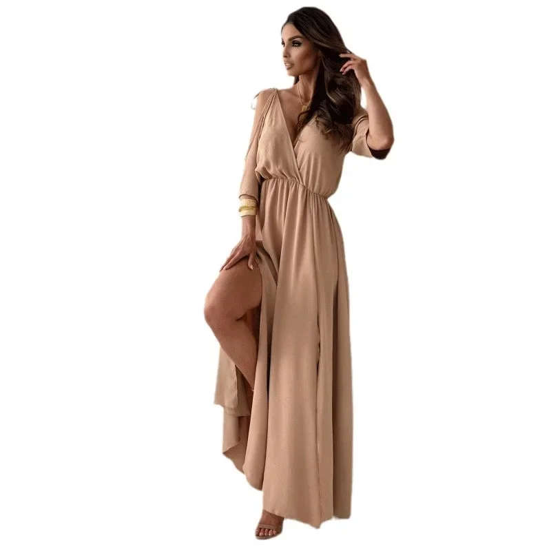 2024 Summer Amazon Cross-Border New Women's Dress Solid Color Hollow Out Waist-Fitted Side Slit Dress Women's 5