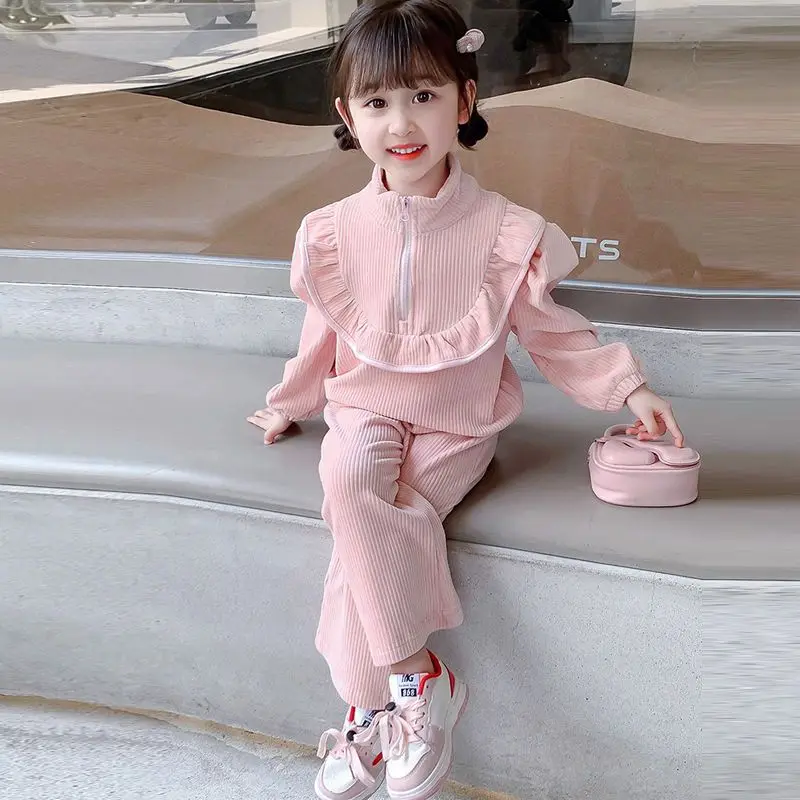 

Осень 2023, новый комплект из 2 предметов, корейский топ и штаны, однотонная модная универсальная повседневная детская эксклюзивная одежда на молнии для маленьких девочек