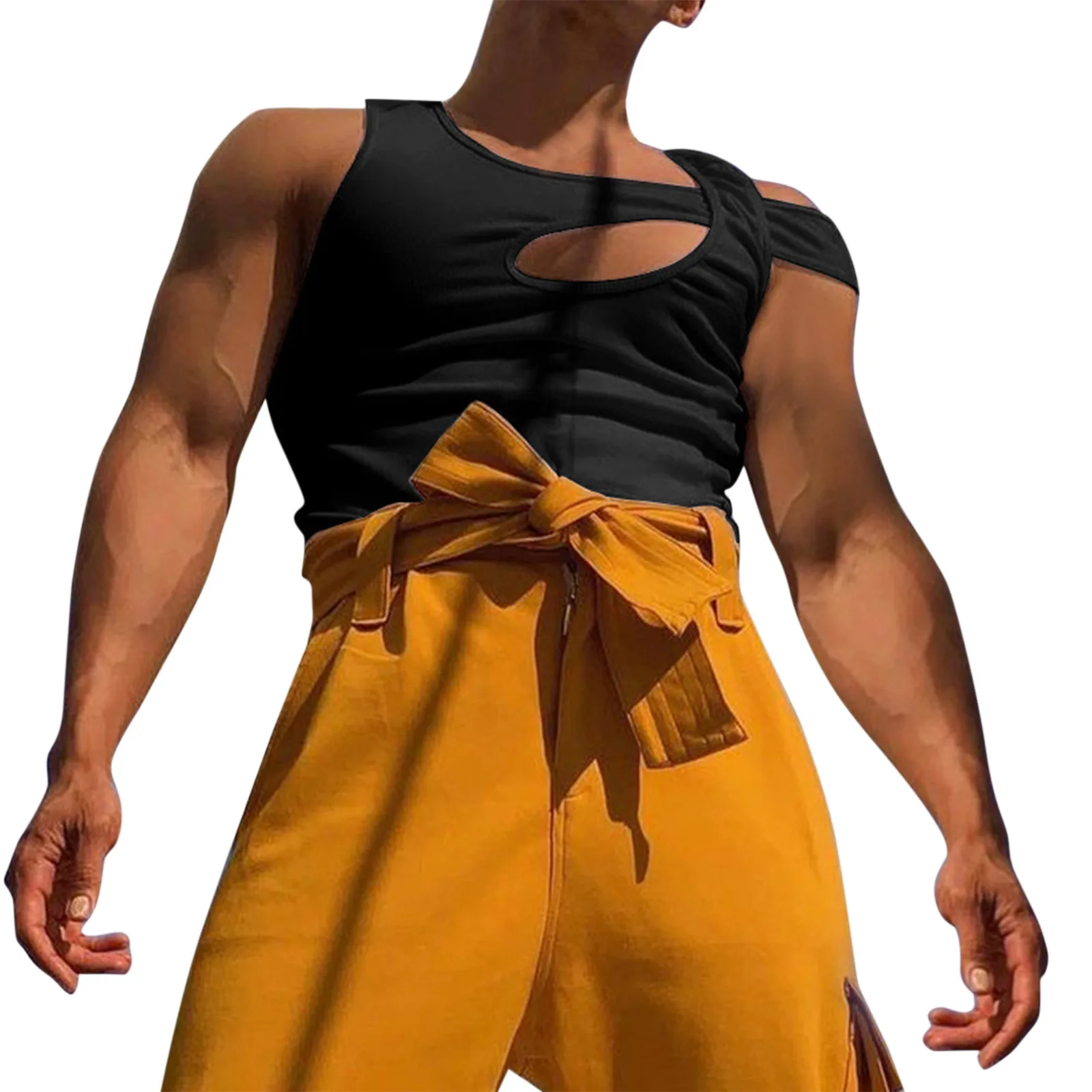

Mens 2023 Summer Sexy Sleeveless Vest Tops Solid Casual Cut out Hollow Tank Tops Blouse Tees Man Fashion Irregular Clothes Male