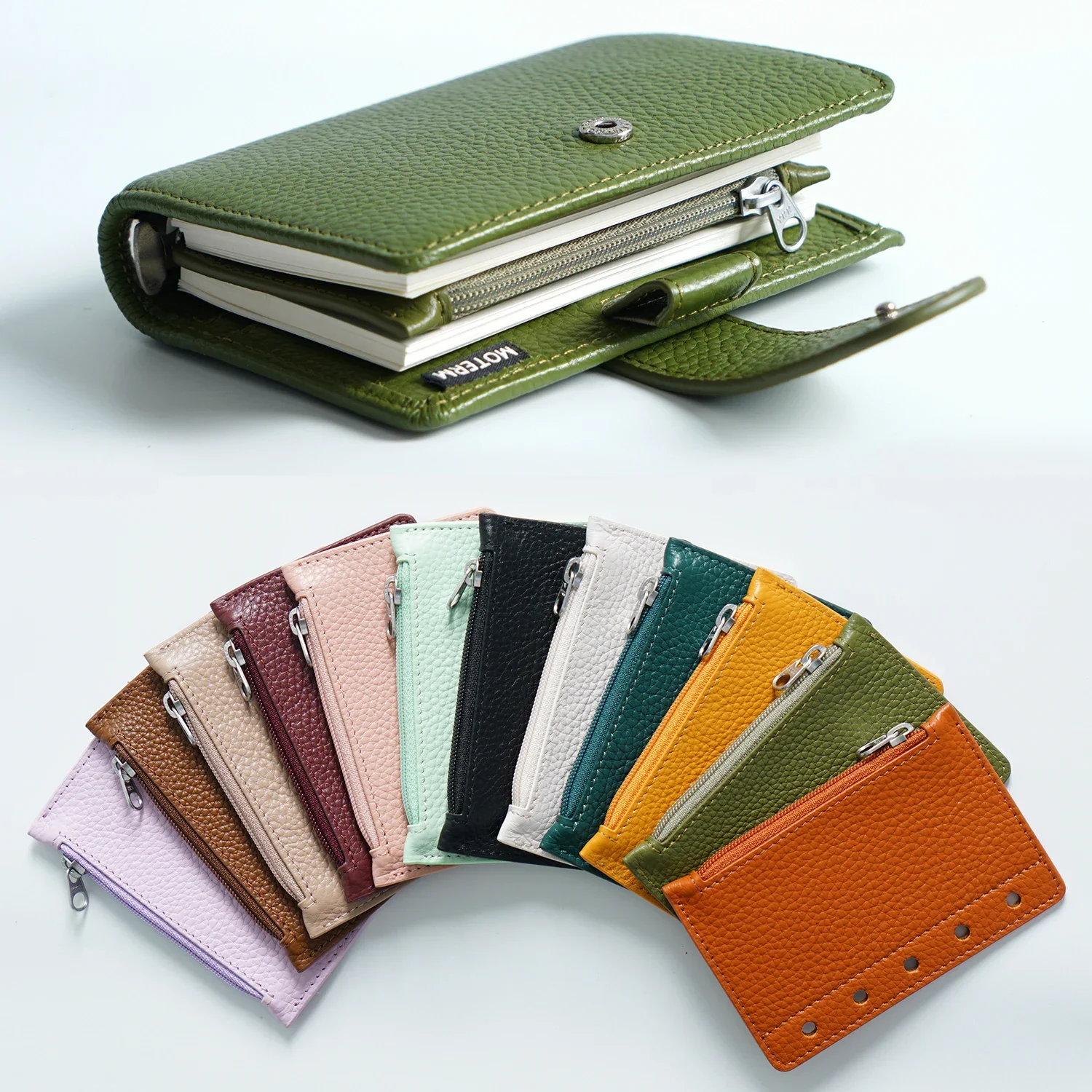 Moterm-zipper Flyleaf para Planejador Anel Genuine Pebbled Grain Couro Divisor Coin Bolsa de Armazenamento Acessório Notebook Tamanho a8 - Imagem 5