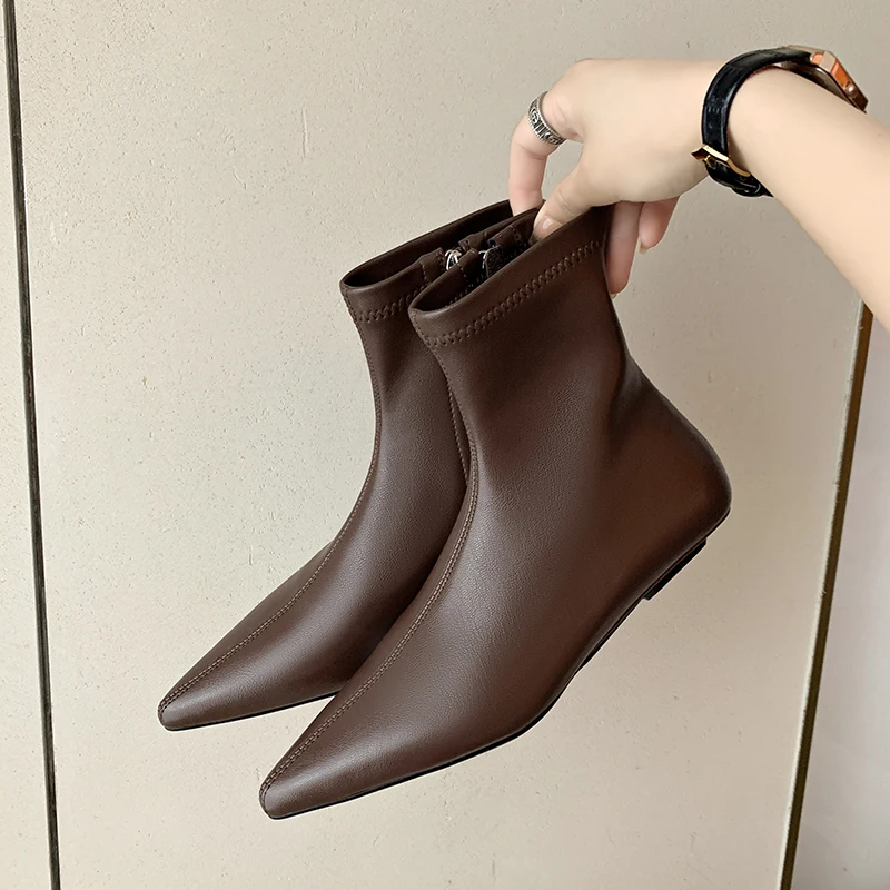 

2023 new Autumn winter Women ankle boots 22-24.5cm Elastic microfiber+pigskin stretch boots pointed toe side zip skinny boots