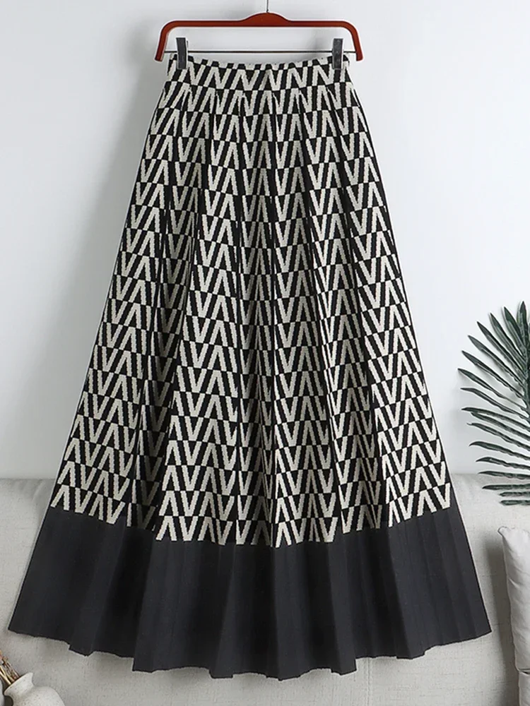 

TIGENA Women Knitted Long Skirt 2023 Autumn Winter y2k Fashion Geometric Print A Line High Waist Pleated Midi Skirt Female Lady