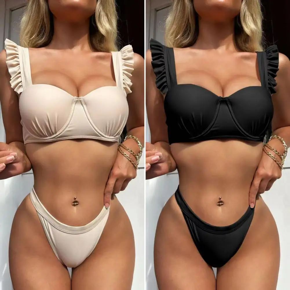 

2 Pcs/Set Women Bikini Set with Wire Push Up Padded Solid Color Shirring Swimming Hard Cup Flying Shoulder Strap Women Swimwear