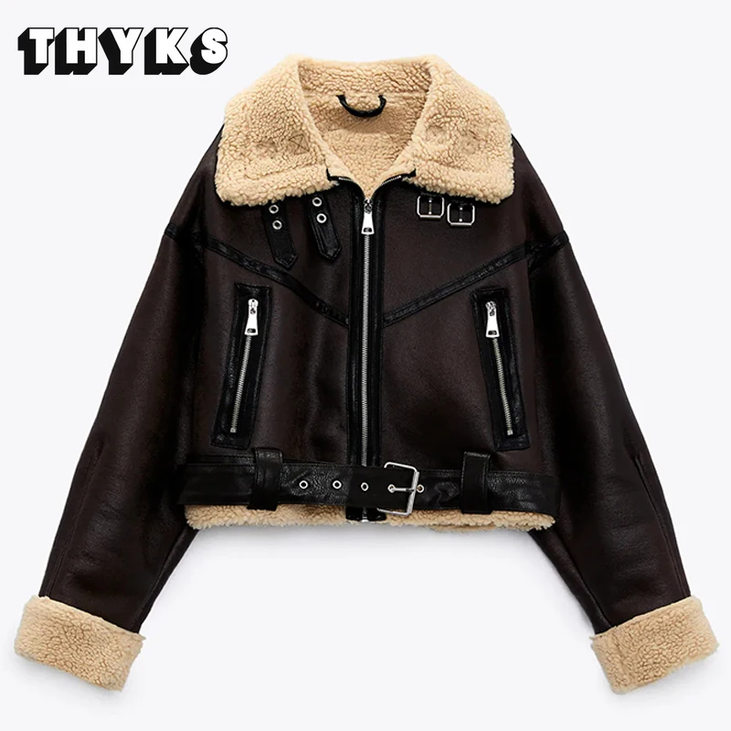 

Winter Short Jackets Women's Fur Collar Faux Leather Coats Chunky Warm Sheepskin Biker Jackets Casual Tops Cropped Outwear