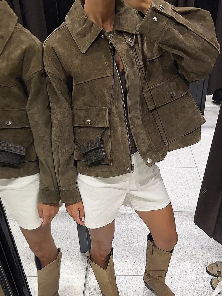 HH Women Vintage Solid Lapel Coats Long Sleeve Zipper Jacket With Pockets 2025 Autumn Fashion Lady High Street Lady Outwear