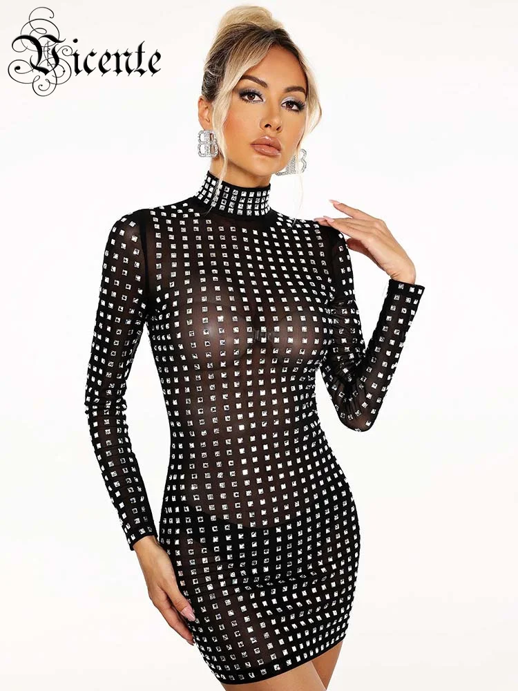 

VC Evening Dresses For Women Sexy See Through Luxury Rhinestone Crystal Diamonds Black Mesh Mini Dress Vestido