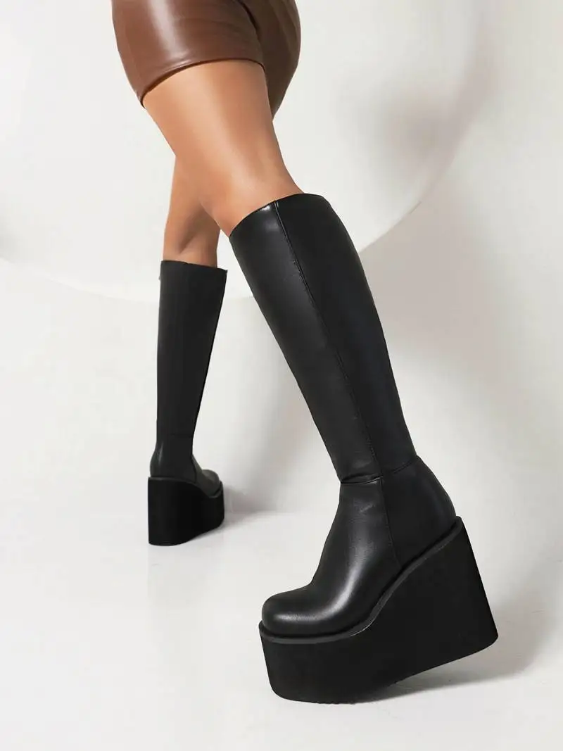 SIMLOVEYO Ladies Knee-high Boots 37cm Round Toe Wedges High Heel 11.5cm Platform 6cm Zipper Plus Size 43 Winter Shoes