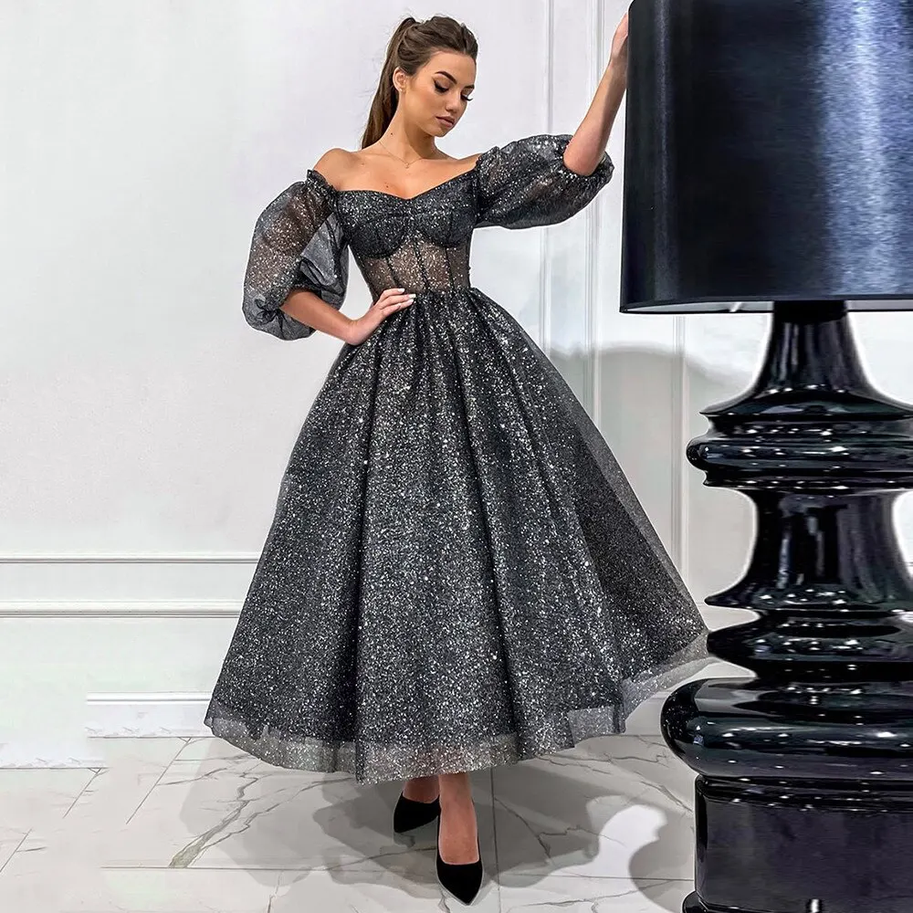 

Glitter A Line Black Evening Dresses Ankle Length Homecoming Party Gowns Half Sleeves Cocktail Dress Sweetheart Prom Gowns