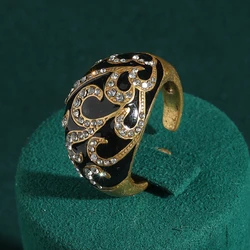 Elegant Vintage Black Engagement Ring with Gold - Tone Oil Drop Pattern - Adjustable Antique - Style Luxury Jewelry (01)
