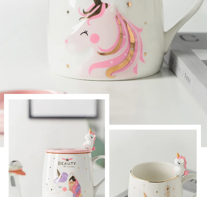 Einhorn-Becher mit Deckel und Löffel, kreativer Keramik-Wassertasse, Kaffee-Milch- und Frühstückstasse – Detail 4