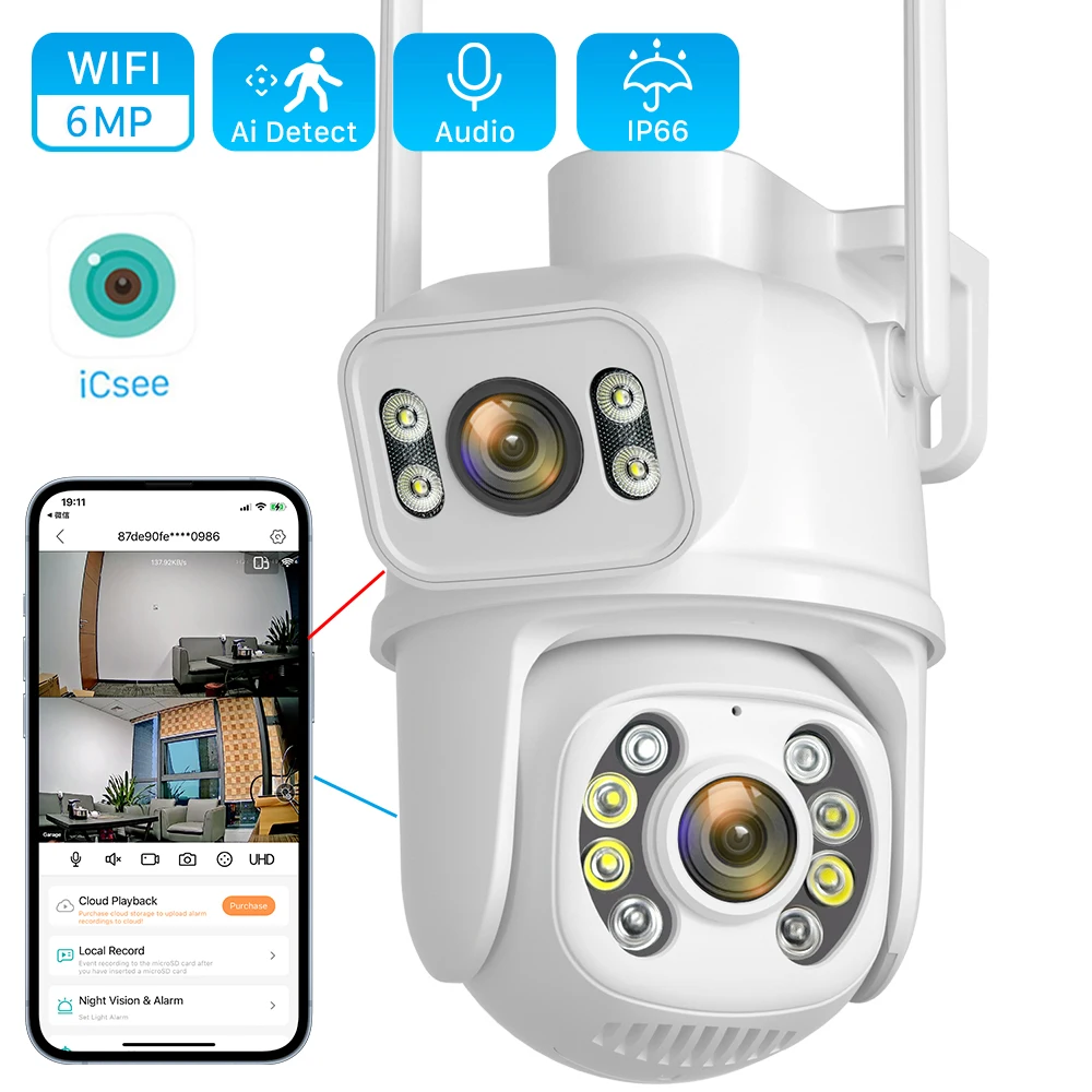 Outdoor WIFI Camera Dual Lens Screen 6MP Video Surveillance Cameras PTZ CCTV Security Human Detect Night Vision Auto Track Icsee