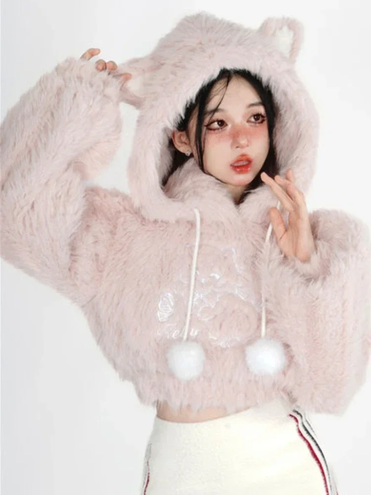 Pink Kawaii Sweet Blouse Women Autumn Winter 2024 Warm Japanese Casual Elegant Hoodie Female Long Sleeve Lolita Korea Y2k Blouse