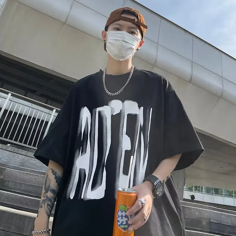 

2023 New Summer Vintage Mens T Shirts 230g 100% Cotton Tees for Men Oversized Mens Short Sleeve Letter Print Men Clothing