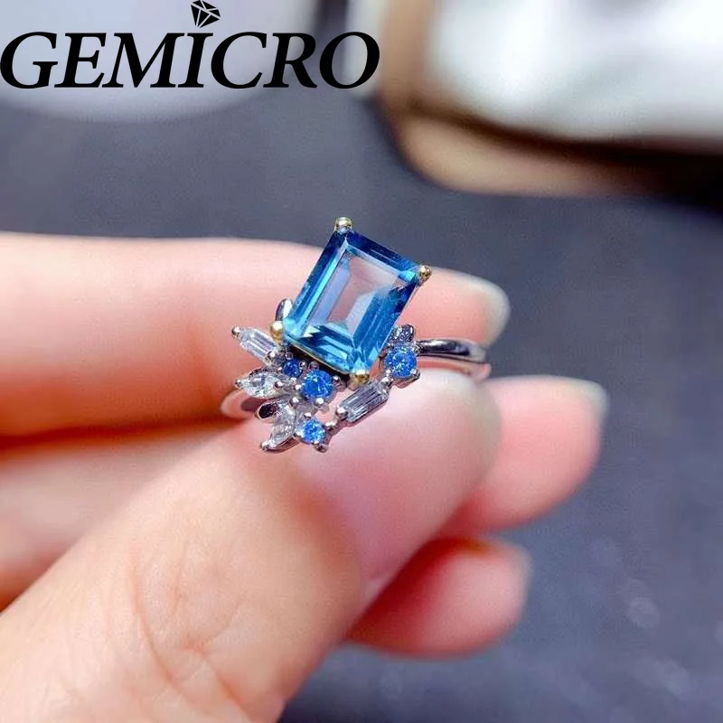 

Gemicro Gorgeous Big Size 6*8mm Natural Blue Topaz Gem Ring S925 Silver Natural Gemstone Ring Women Men Gift Jewelry