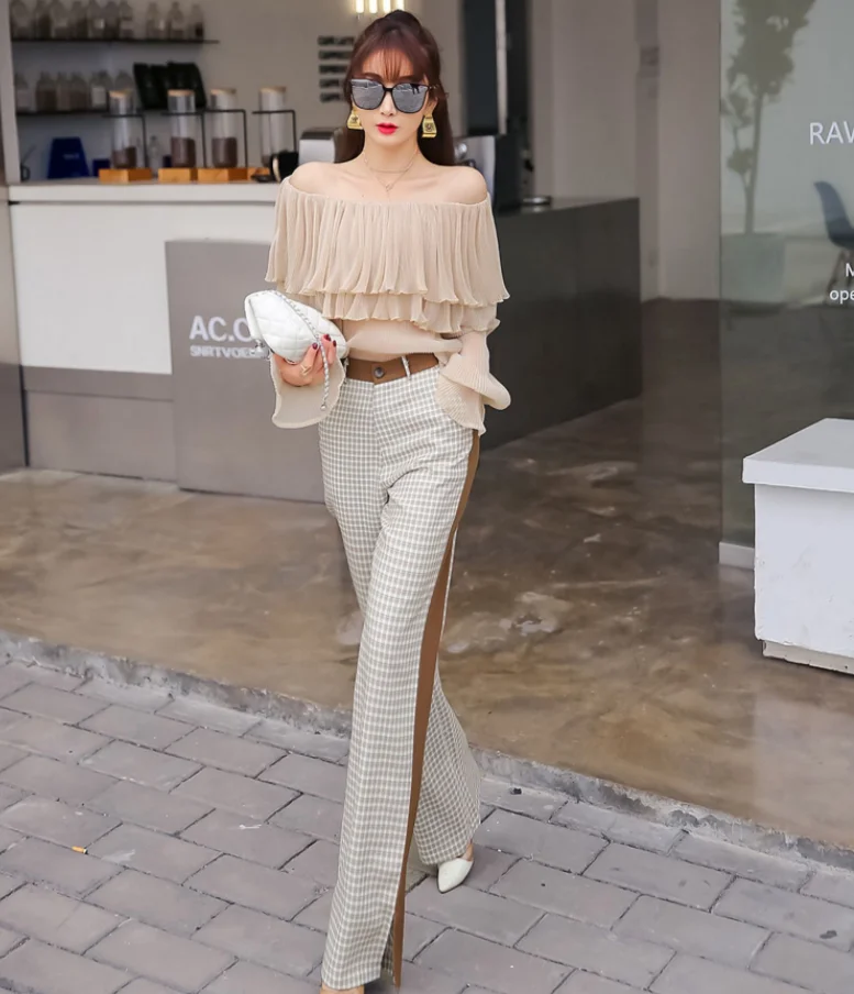 Plaid  long pants women high waist wide leg pants spring and summer new  printed casual pants champion sweatpants