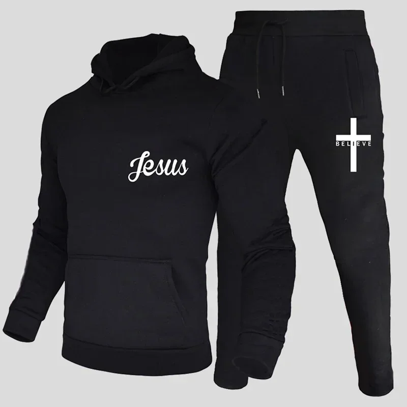 

Latest Jesus Printed Tracksuit Spring and Autumn Men's Sportwear Casual Solid Color Hooded Hoodies + Pants Man Design Sports Kit