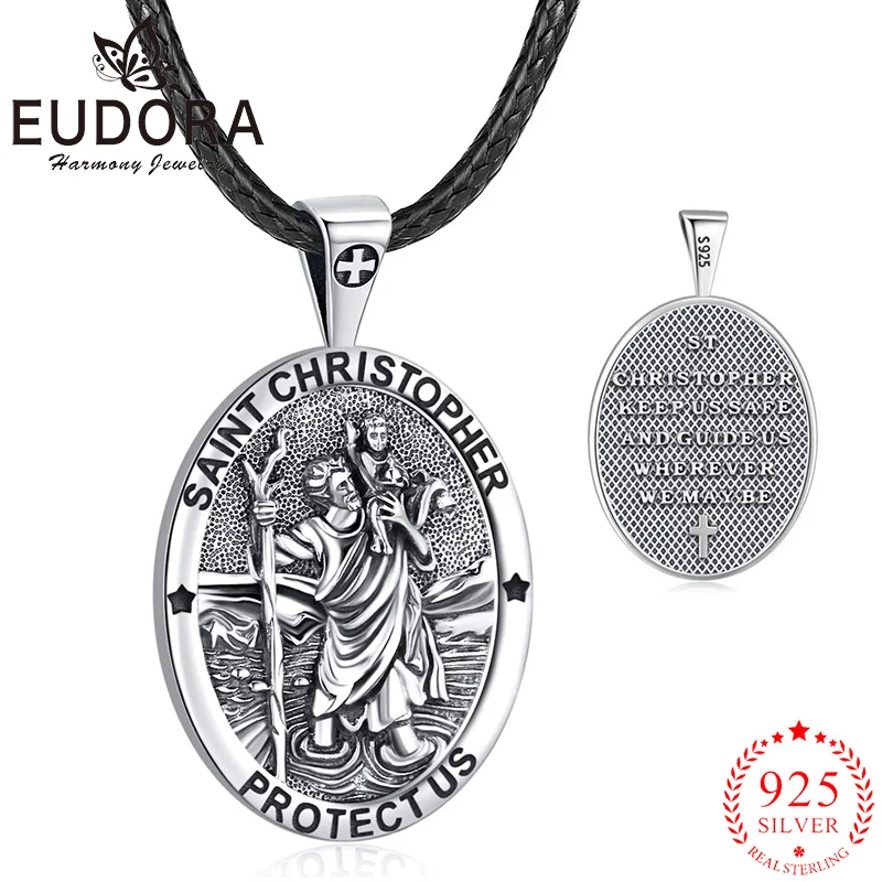 

Eudora 925 Sterling Silver Saint Christopher Necklace Vintage Embossed Medal Pendant Religious Jewelry Gift for Man Woman