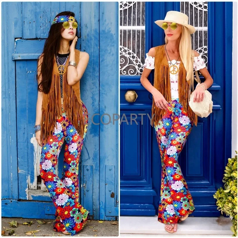 70s Outfits for Women Hippie Costume Set Boho Flared Pants Fringe