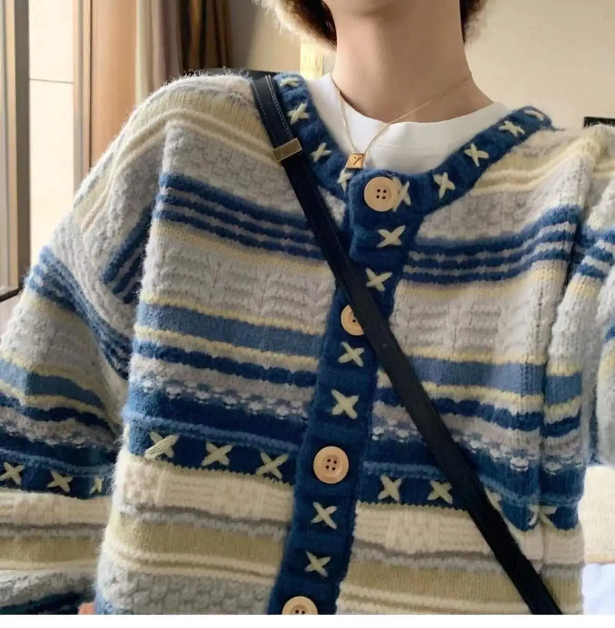 

Women's Clothing Vintage Blue Stripes Sweater Outerwear Fashion Loose Single-breasted Crew Neck Winter Cardigan Knitting Tops