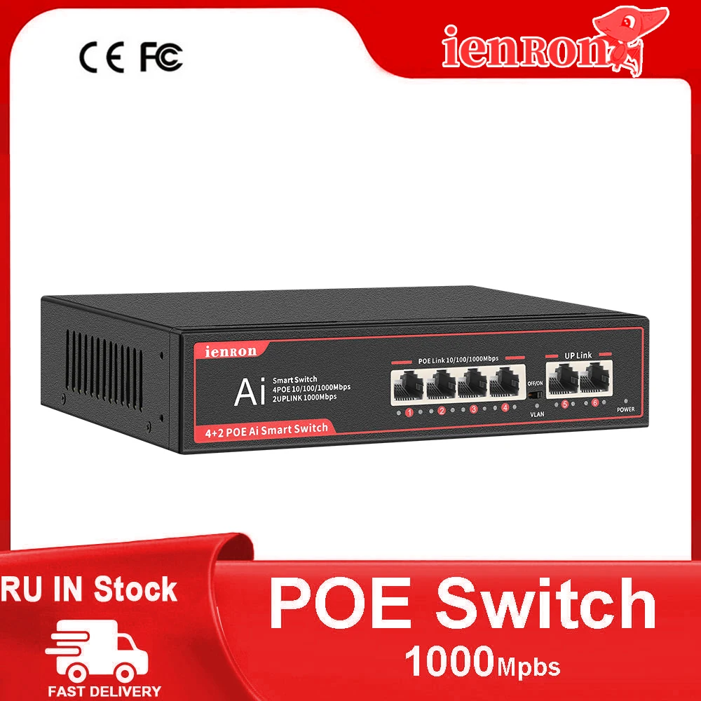 Ienron-switch Inteligente de Rede Gigabit Ethernet Poe Mais Portas Potência 52v 1000 Mbps Portas Poe Câmera ip Roteador Wi-fi