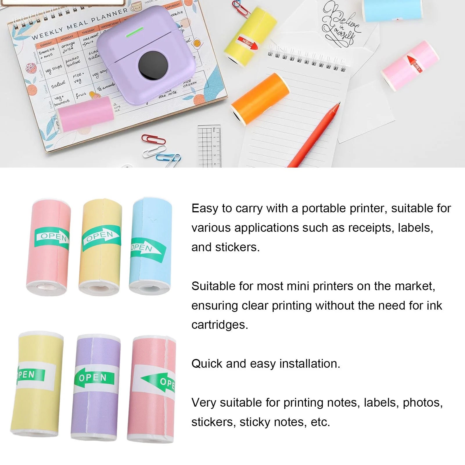 【Sale】6 Rolls Thermal Printing Paper Multi Color 57x25mm Smoothly Self Adhesive Thermal Inkless Printer Paper for Photo Label