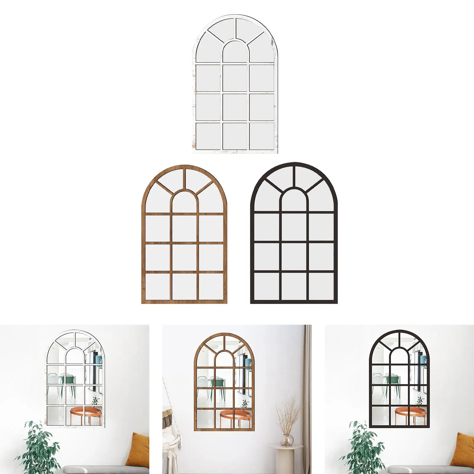 Arched Window Wall Mirror Simple Wood Acrylic Wall Art Decorative Mirror for Farmhouse Bedroom Living Room Vanity Home Decor