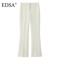 EDSA Women Beige Pants Set O-Neck Blazer Jacket Office Lady High Waist Fitted Flared Long Trousers Female Suits - Image 4