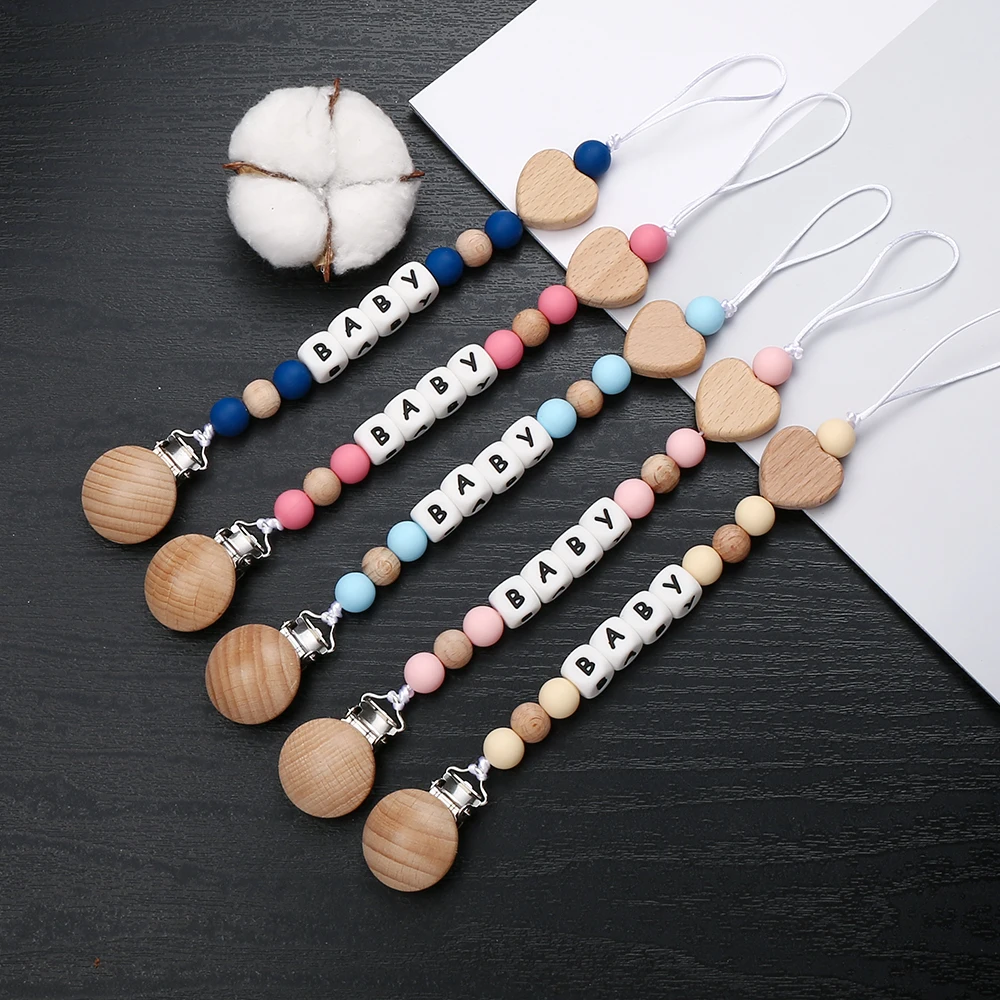 Personalized Name Baby Pacifier Clips Chains Heart Silicone Beads Teethers Dummy Nipple Holder Clip Newborn Chew Teething Toys