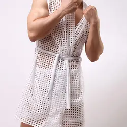 Men Hooded Nightgown Men's Sexy Lace-up Mesh Night Robe Sleeveless Hollow Out Loungewear Homewear for Summer Breathable Mesh Men